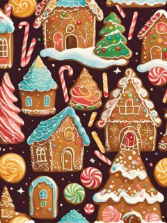 Abstract wallpaper illustration of of gingerbread house decoration, AI generated