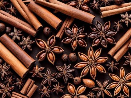 Abstract wallpaper illustration of Christmas spices like cinnamon sticks, star anise, and cloves,