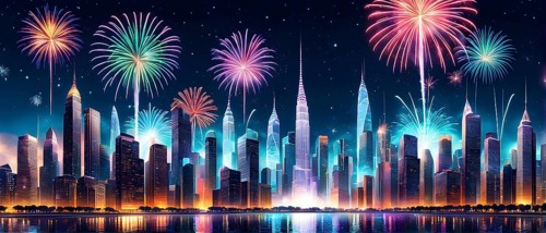 Wallpaper illustration of a cityscape on New Year's Eve, with glowing skyscrapers and floating