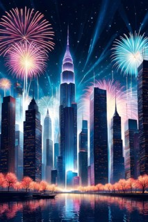 Wallpaper illustration of a cityscape on New Year's Eve, with glowing skyscrapers and floating