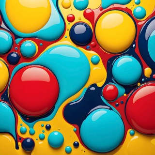 Abstract image with vibrant blue and red blobs and liquid shapes on a yellow background, AI