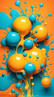 Abstract wallpaper with colorful turquoise and yellow blobs and liquid shapes on a orange