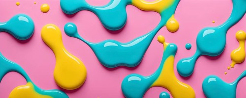 Abstract image with colorful yellow and turquoise blobs and liquid shapes on a pink background, AI