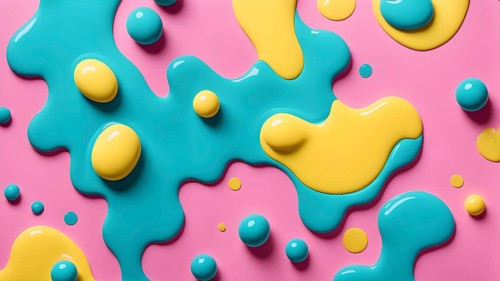 Abstract image with colorful yellow and turquoise blobs and liquid shapes on a pink background, AI
