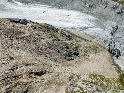 Mountain hut Cabane de Moiry, located close to glaciar tongue of the retreating Moiry glacier,