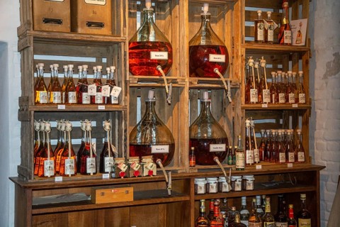 Assortment of bottles of rum in the rum museum in Flensburg, Schleswig-Holstein, Germany, Europe