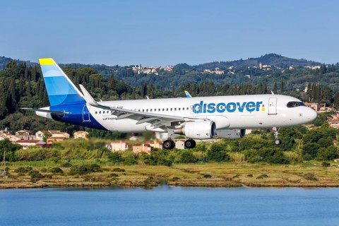 A Discover Airbus A320 aircraft with the registration D-AIUZ at Corfu Airport, Greece, Europe