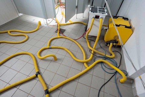 Water damage restoration, dehumidification, after flooding of a building, vacuum drying