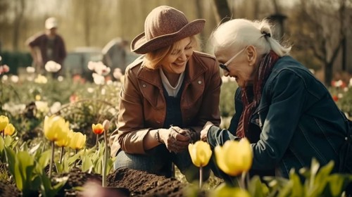 Elderly grandmother planting some spring plants with her granddaughter in the garden, generative