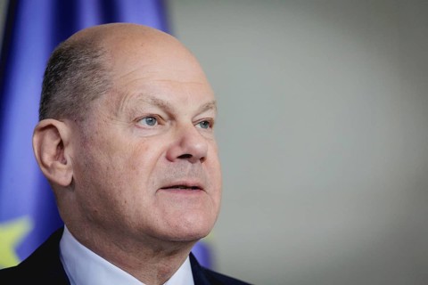 Olaf Scholz, Federal Chancellor, speaks at a press conference during the visit of Denis Becirovic,