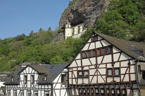 Rock church built in 1484, landmark and half-timbered houses, rock, stone wall, Idar-Oberstein,