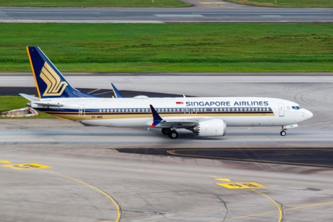 A Boeing 737 MAX 8 aircraft of Singapore Airlines with the registration 9V-MBE at Changi Airport,