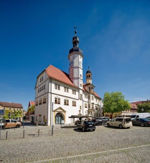 Eisenberg town hall from the 16th century on the market square, old town of Eisenberg,