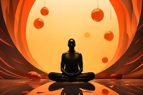 Abstract illustration of a tranquil figure in an asana yoga pose with fluid lines in soothing