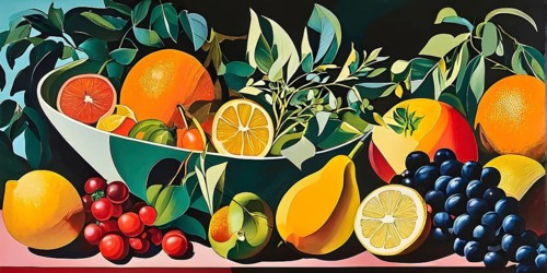 Vibrant illustration of a bowl brimming with a cascade of fresh fruits and vegetables, AI generated