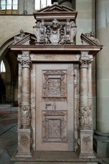 Magdeburg cathedral, Stone sculpture in form of a door, Magdeburg, Saxony Anhalt, Germany, Europe