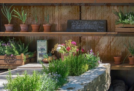 Rustic wooden shelf with clay pots and various plants, a stone table with herbs and a chalkboard in