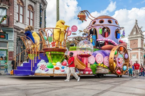 Chicks and bunny characters on parade float in Universal Studios theme park in Orlando, Florida,