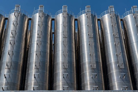Stainless steel tanks of a large silo facility in Duisburg inland harbour, Duisburg-Neuenkamp, for