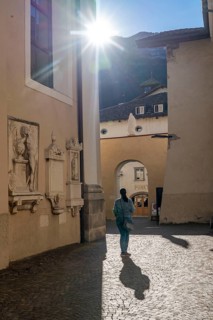 The village of Kaltern, on the South Tyrolean Wine Route, alleyway by the church Parrocchia Maria