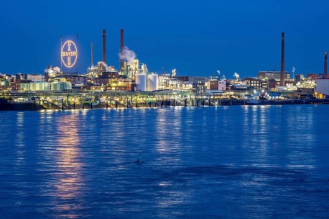 Backdrop of Chempark Leverkusen, Bayer Leverkusen, chemical park, chemical plant, river Rhine,