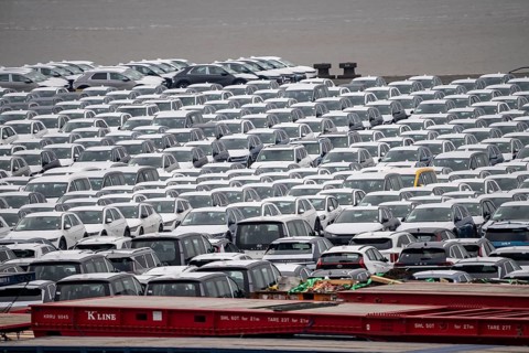 Parking space for import vehicles, hundreds of Hyundai Ioniq, electric cars, waiting for onward