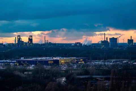 Skyline of the steel location Duisburg, Thyssenkrupp Steel Europe, in Duisburg-Bruckhausen, sunset,