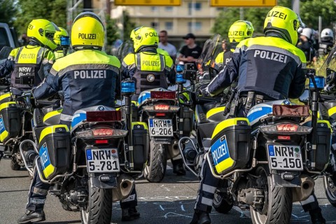 Police officers, police motorbikes, in action at the demonstration against the AFD party conference