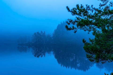 Lake Rursee in the Eifel, reservoir, upper lake, in winter, fog, near Heimbach, North
