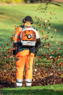 Leaf blower, removal of autumn leaves in a municipal park, Duisburg, North Rhine-Westphalia,