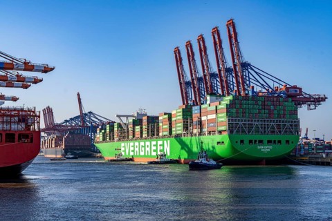 Container ship Ever Gifted, arriving at the port of Hamburg, Waltershofer Hafen, HHLA Container