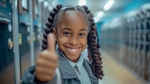 Cute african american school girl giving a thumbs up in the hallway of her school. generative AI,