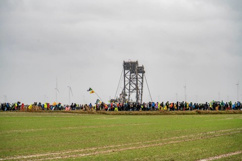 Demonstration against the demolition of the lignite village of Lützerath, from the village of
