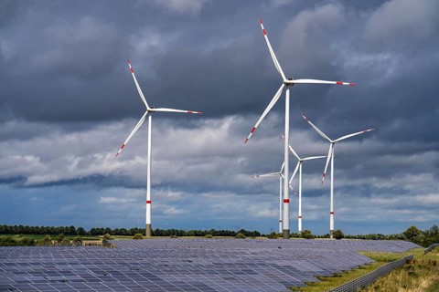 Solar park and wind farm near Morschheim, part of the municipality of Kirchheimbolanden,