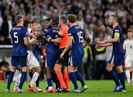 Scuffle around Waldemar Anton GER (03) Denzel Dumfries NED (22) Referee Referee Slavko Vincic (SVN)