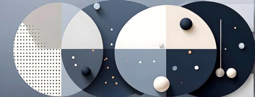 Minimalist composition of overlapping geometric shapes, such as circles, squares, and triangles,