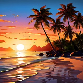 Pixel art illustration of a tropical island paradise with palm trees and sandy beach, AI generated