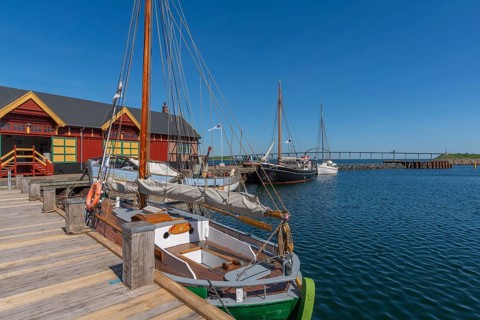 Rudkøbing harbour, historic sailing ships, jetty, maritime flair, bridge to the island of