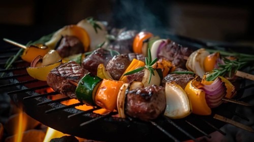 Fresh succulent vegetable and steak kebab on the flame grill, generative AI, AI generated