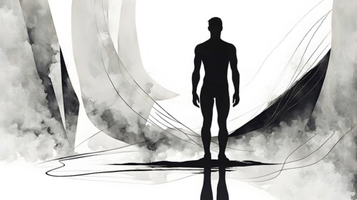 Minimalist rendering showcasing a lone man as symbol for human resilience, AI generated