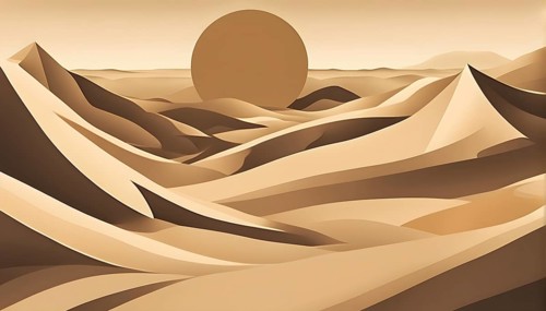 Abstract desert scene with triangular sand dunes and a single circular sun, using sharp lines and