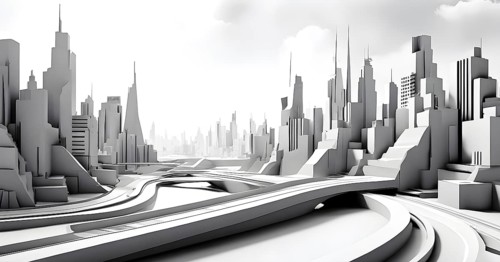 Modern city skyline using clean lines and geometric forms, with rectangular buildings and smooth,