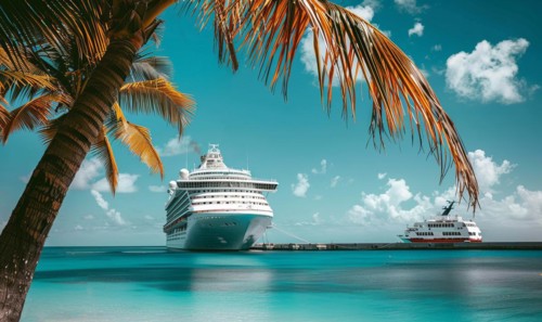 A large cruise ship is docked at the beach. The ship is white and is surrounded by a blue ocean.