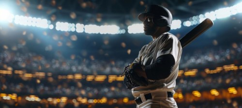 Black star athlete pitcher standing with the bat in the middle of the full stadium, AI generated