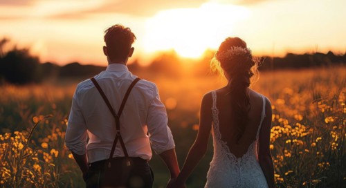 Affectionate romantic couple hugging at sunset during honeymoon in wedding dress, AI generated