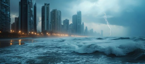 Hurricane destroys city shore, infrastructure and causing damage and floods, AI generated