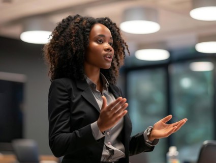 Confident successful black business manager woman executive explains business and success strategy,