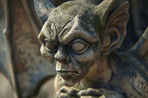 Scary face of stone gargoyle sculpture. Generative AI, AI generated