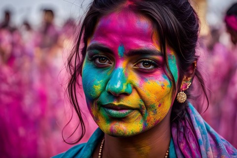 Indian woman colored face portrait during Holi Hindu festival, AI generated