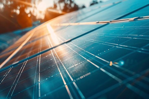 Close up of solar energy panels win sunset sun in background. Generative Ai, AI generated